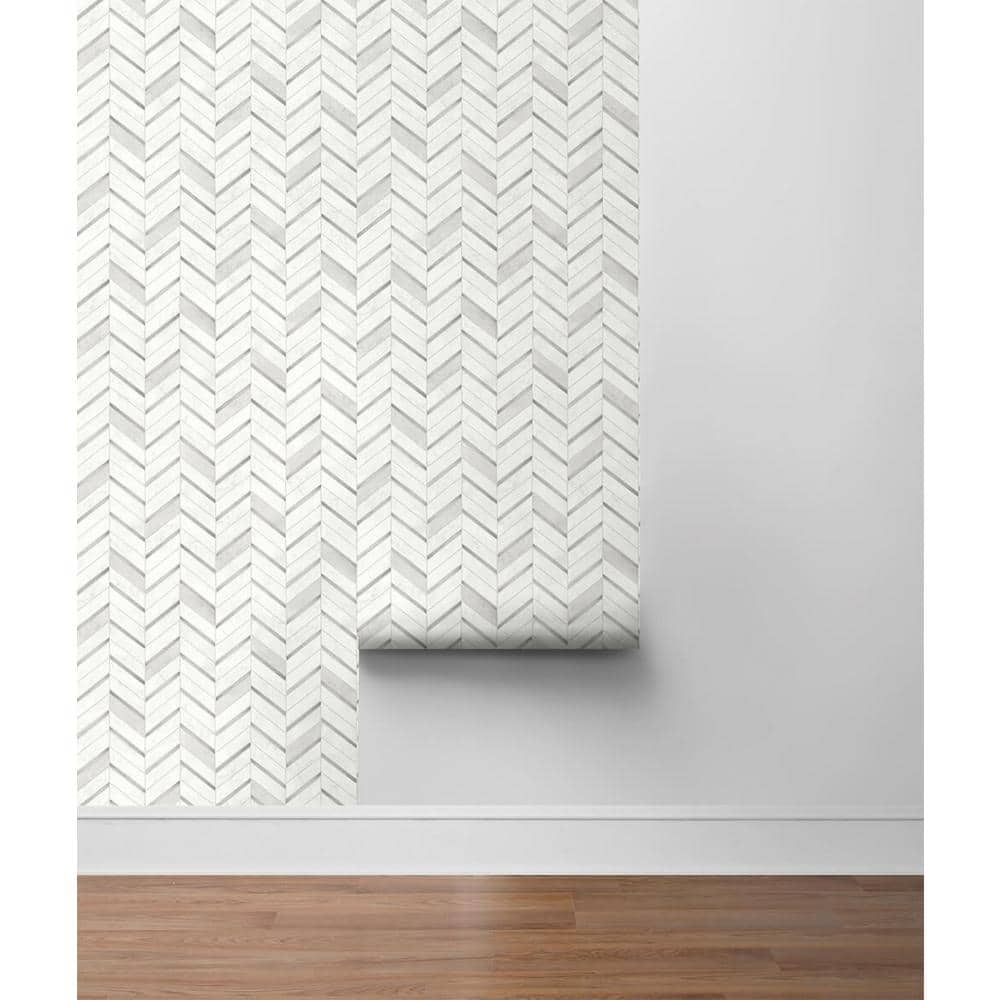 Chevron Marble Tile Peel and Stick Wallpaper in Metallic Silver & Pearl Gray