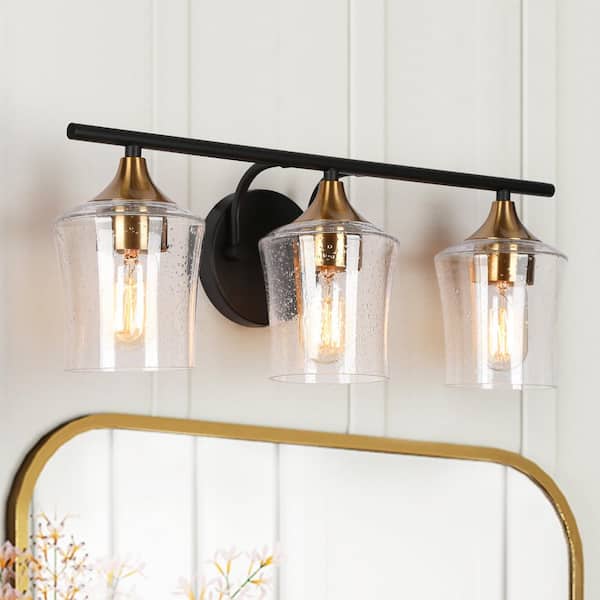 20.5 in. Modern 3-Light Black Bathroom Vanity Lights, Rustic Brass Gold Bath Lighting, Seeded Glass Shade Wall Sconce