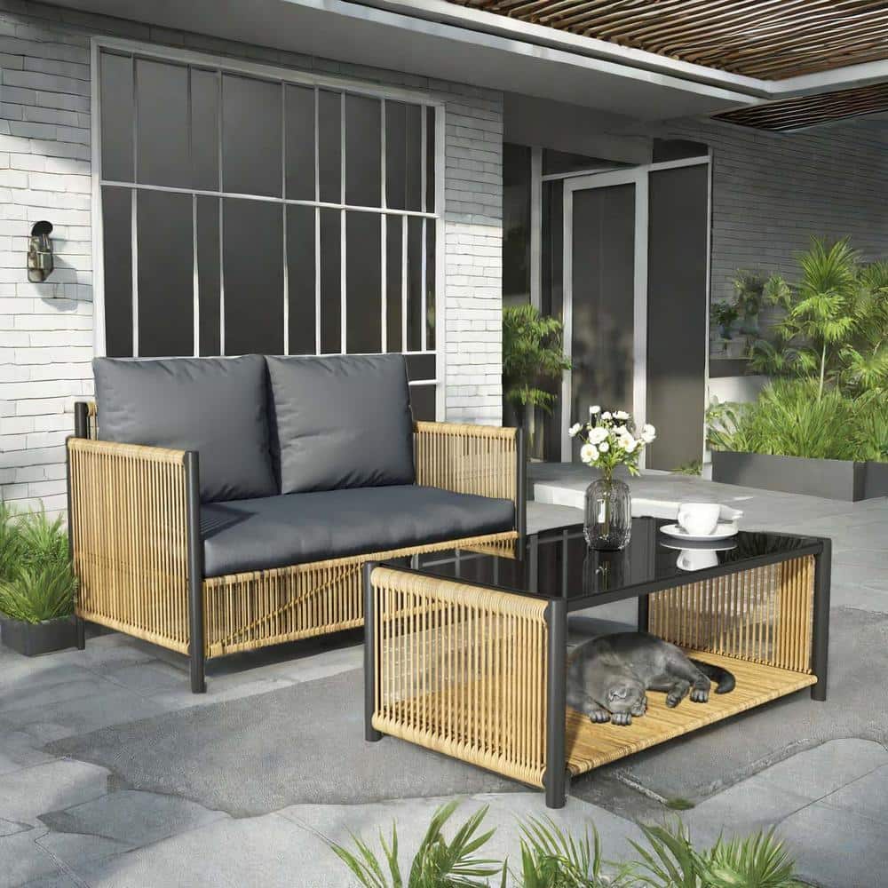 Brown Wicker Outdoor Combination Sofa Bed Double Sofa Recliner with Grey Cu