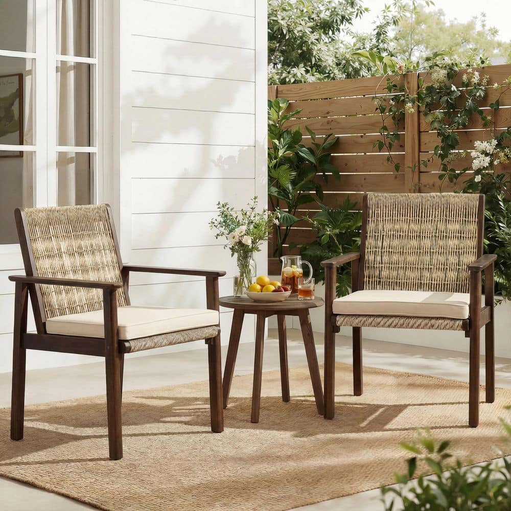 Kenneth Beige+Dark Brown Wicker Rattan Outdoor Patio Dining Chair, Armchair Set of 2