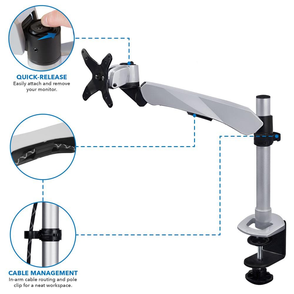 Silver Aluminum Single Monitor Desk Mount with Gas Spring Arm