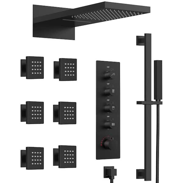 GRANDJOY 22 in. 15-Spray Radiance Waterfall Wall Bar Shower Kit with 6-Body Spray in Matte Black (Valve Included)