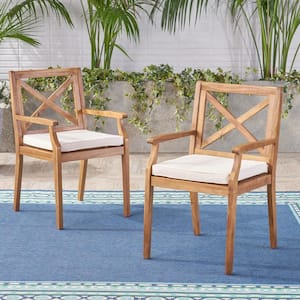 Perla Teak Brown Cross Back Wood Outdoor Patio Dining Chairs with Cream Cushions (2-Pack)