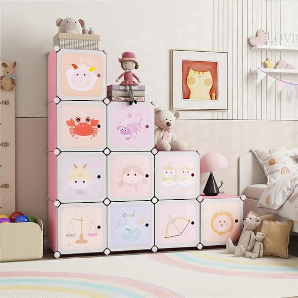 Pink Plastic 43 in. 2-Cube Kids Wardrobe Baby Dresser Bedroom Armoire Clothes Hanging Closet with Doors