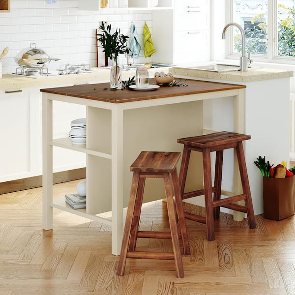 Walnut and Cream White Rubber Wood 45 in. Kitchen Island with Storage Shelves, 2 Dining Stools