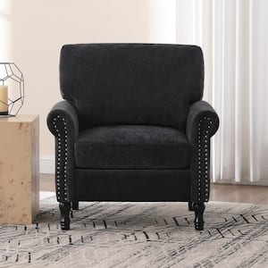 Black Chenille Upholstered Wood Frame Accent Chair Armchair with Turned Legs and Tufted Rolled Armrests