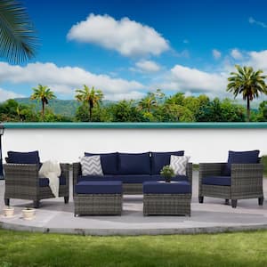 5-Piece Patio Conversation Sofa Set Garden Furniture Sectional Seating Set with Ottoman, Navy Blue Cushion