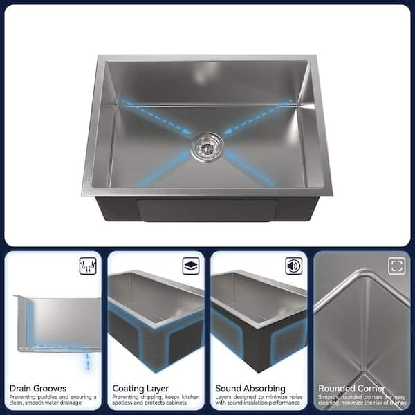 Coporesell 27 in. Undermount Single Bowl 20-Gauge Gray Stainless