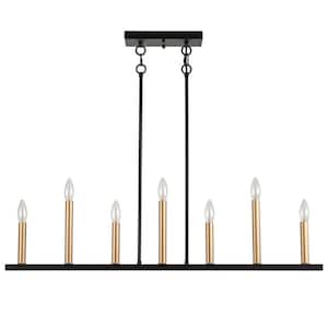 7-Light Farmhouse Matte Black with Gold Candle Linear Pendant Light Modern 7-Lights Hanging Kitchen Island Light