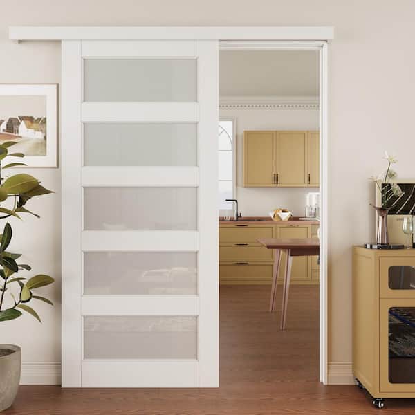 EH PUERTA 36 in. x 96 in. Hidden Track Style 5-Lite Frosted Glass White Primed MDF Sliding Barn Door with Hardware Kit
