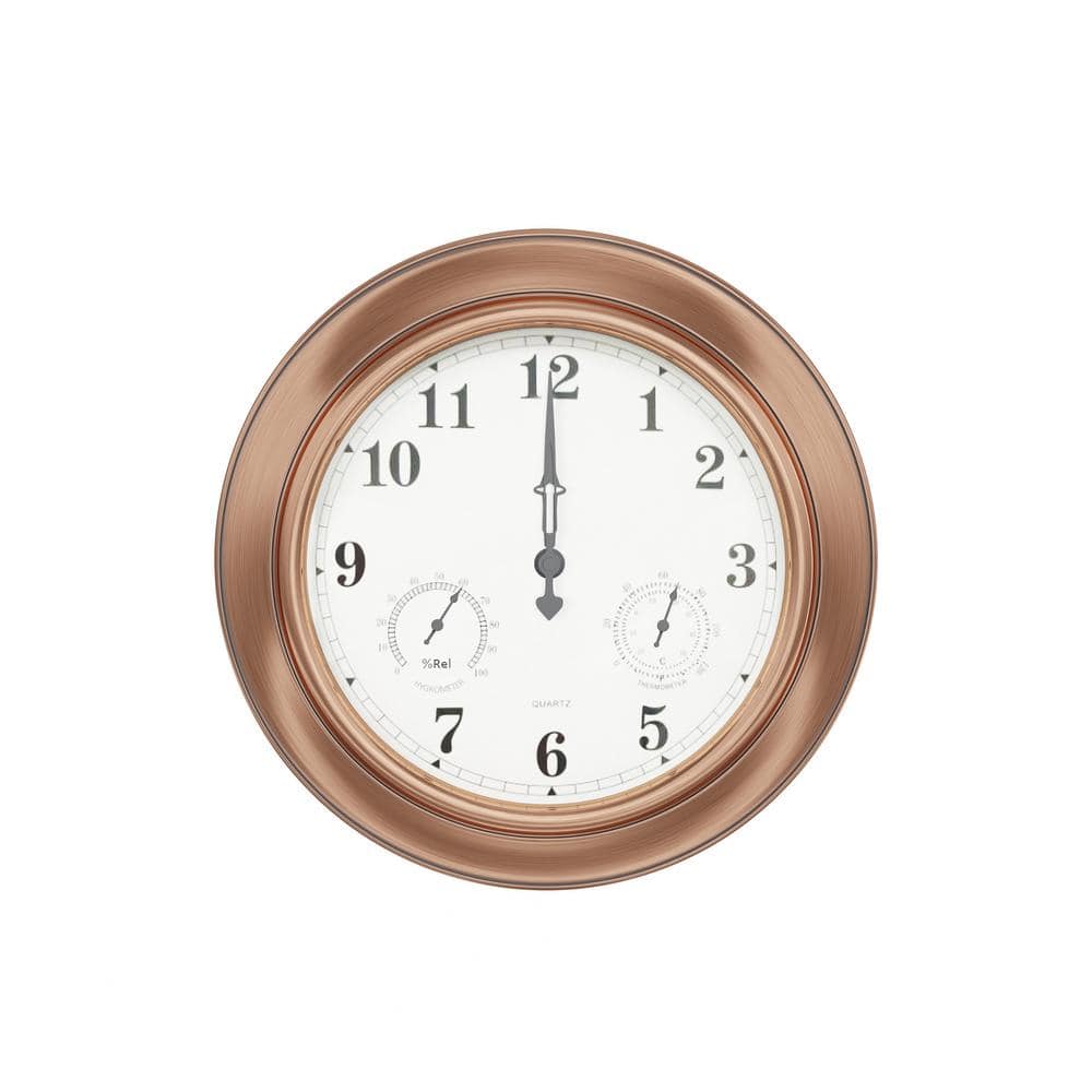 Villacera Indoor/Outdoor Quartz Wall Clock Thermometer Hygrometer 18 Copper, Size: 18 inch Diameter
