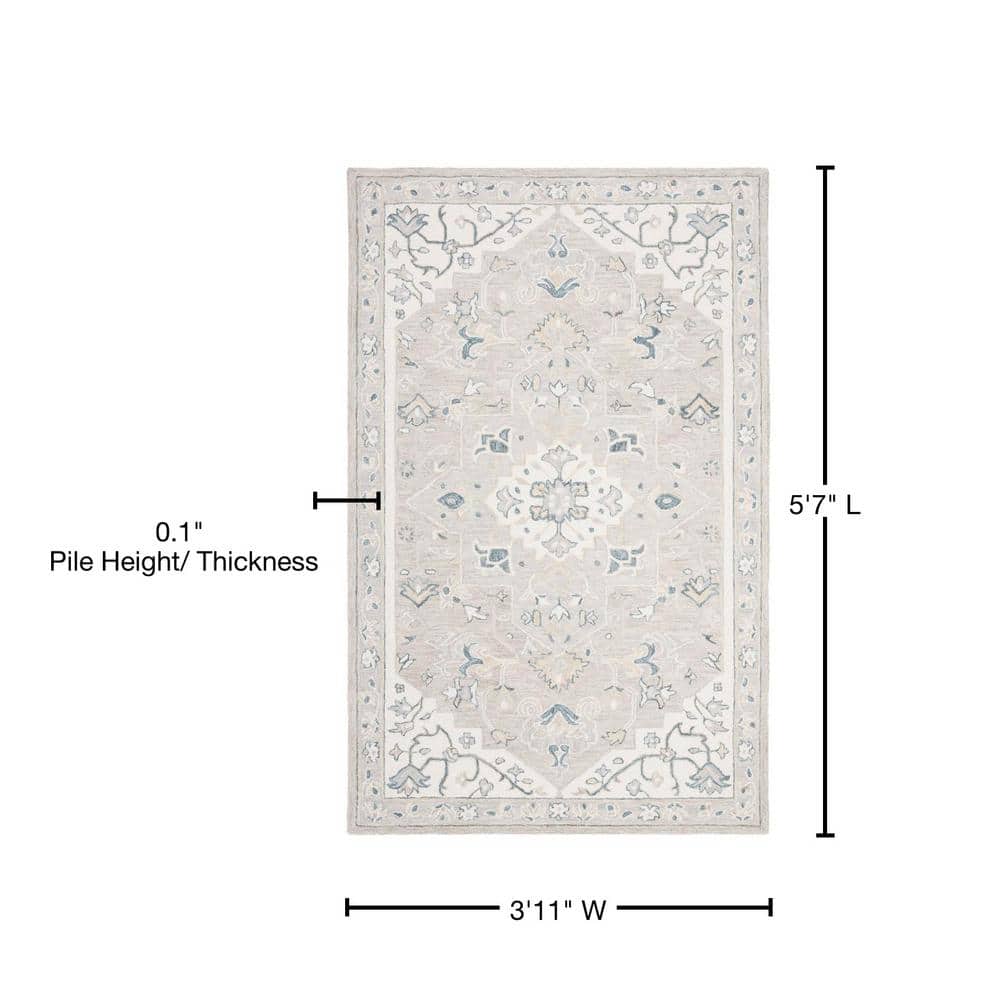Light Grey and Ivory Hand-Tufted Wool Medallion Rug 4' x 6'
