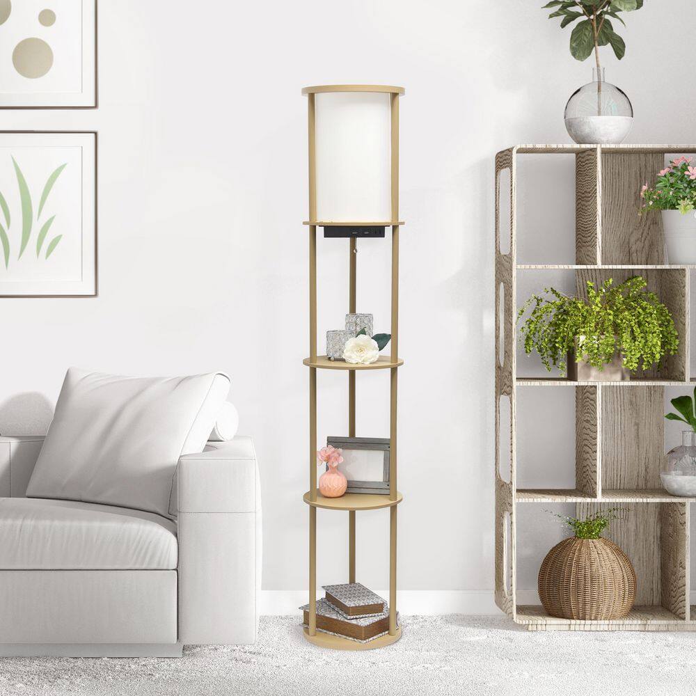 Modern Tan 62.5" Shelf Etagere Floor Lamp with USB Charging Ports