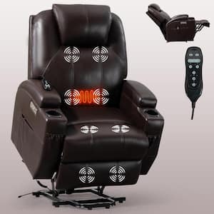 Brown Faux Leather Power Lift Recliner Chairs Electric Recliner with Massage and Heating, 2 Cup Holders and USB Ports