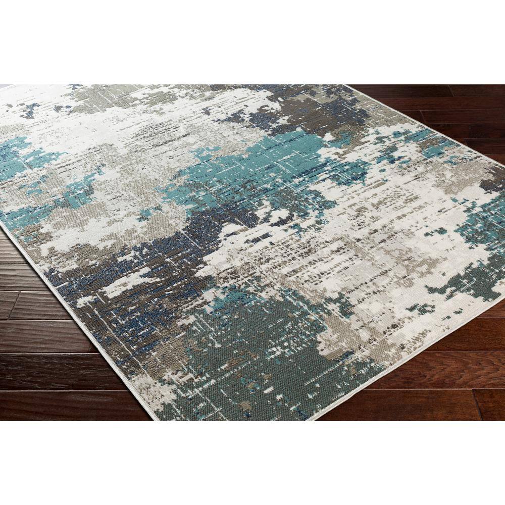 Teal and Gray Abstract Synthetic Area Rug, 5'3" x 7'3"