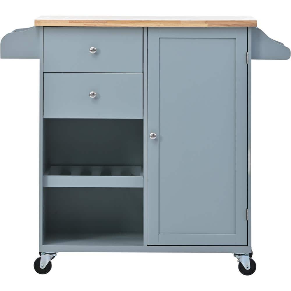 Navy Blue Rubberwood Kitchen Cart with Drop Leaf, Internal Storage Rack, Towel Holder, Spice Rack, and 2 drawers