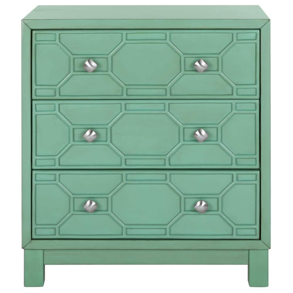 Transitional Turquoise Solid Rubberwood 3-Drawer Chest