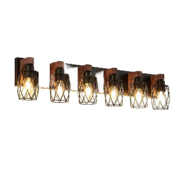 38 in. 6-Light Black Vanity Light with Wood Accents and Metal Cage Shade