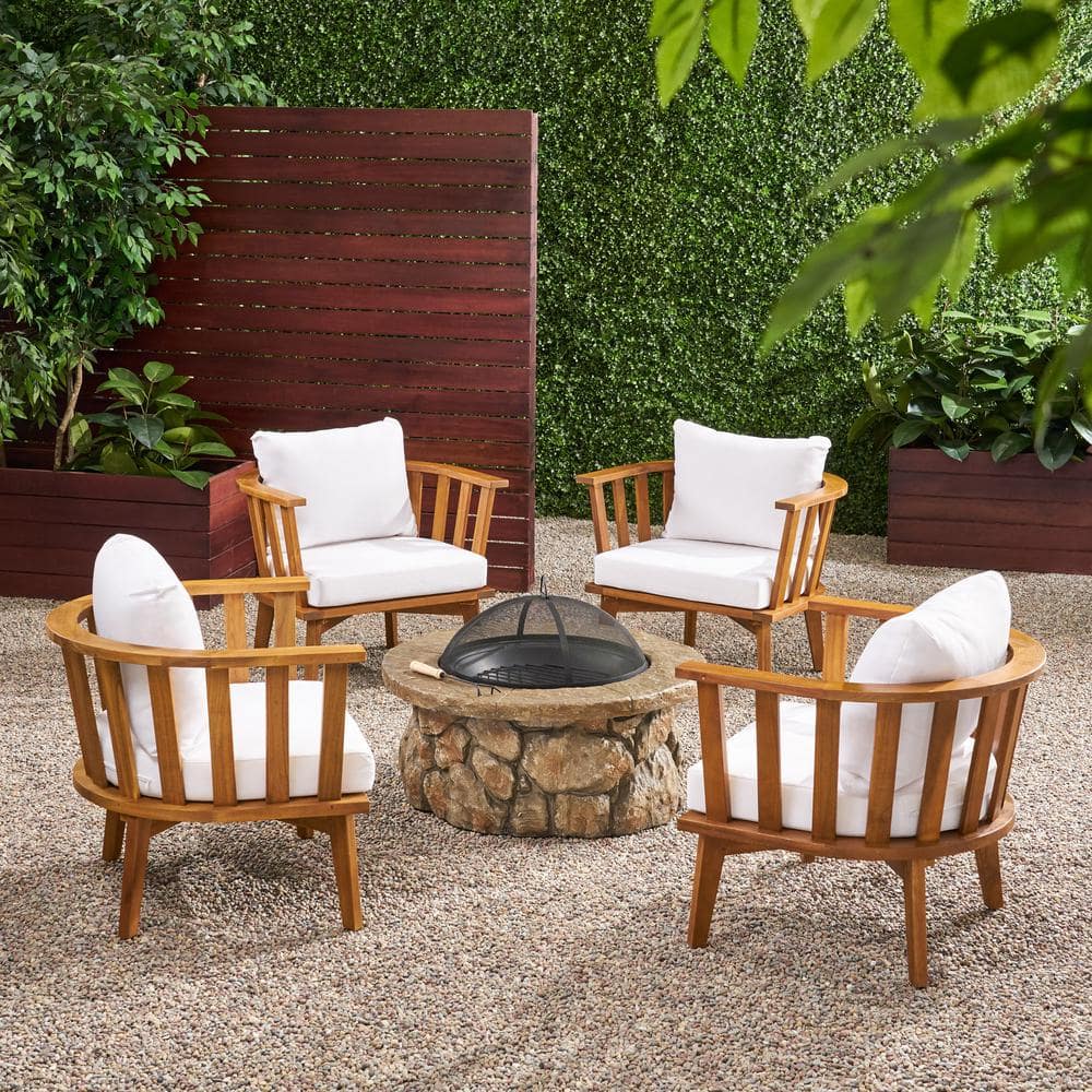 Noble House Clarendon Teak Brown 5Piece Wood Patio Fire Pit Seating