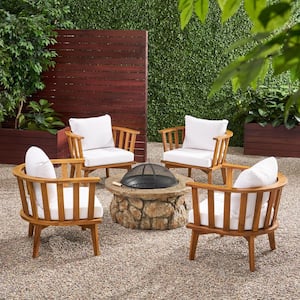 Clarendon Teak Brown 5-Piece Wood Outdoor Patio Fire Pit Seating Set with White Cushions