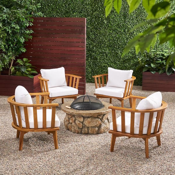 Noble House Clarendon Teak Brown 5-Piece Wood Patio Fire Pit Seating Set with White Cushions