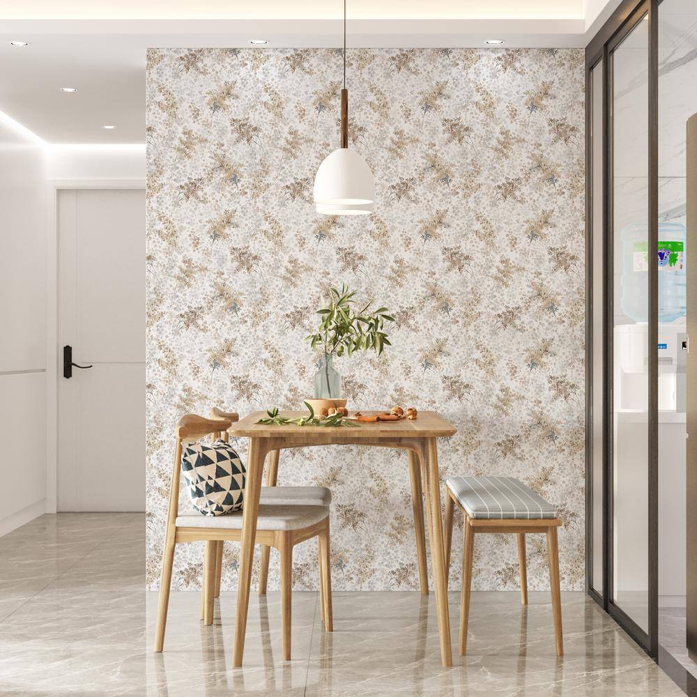Flora Collection Brown and Gray Floral Vinyl Wallpaper Roll