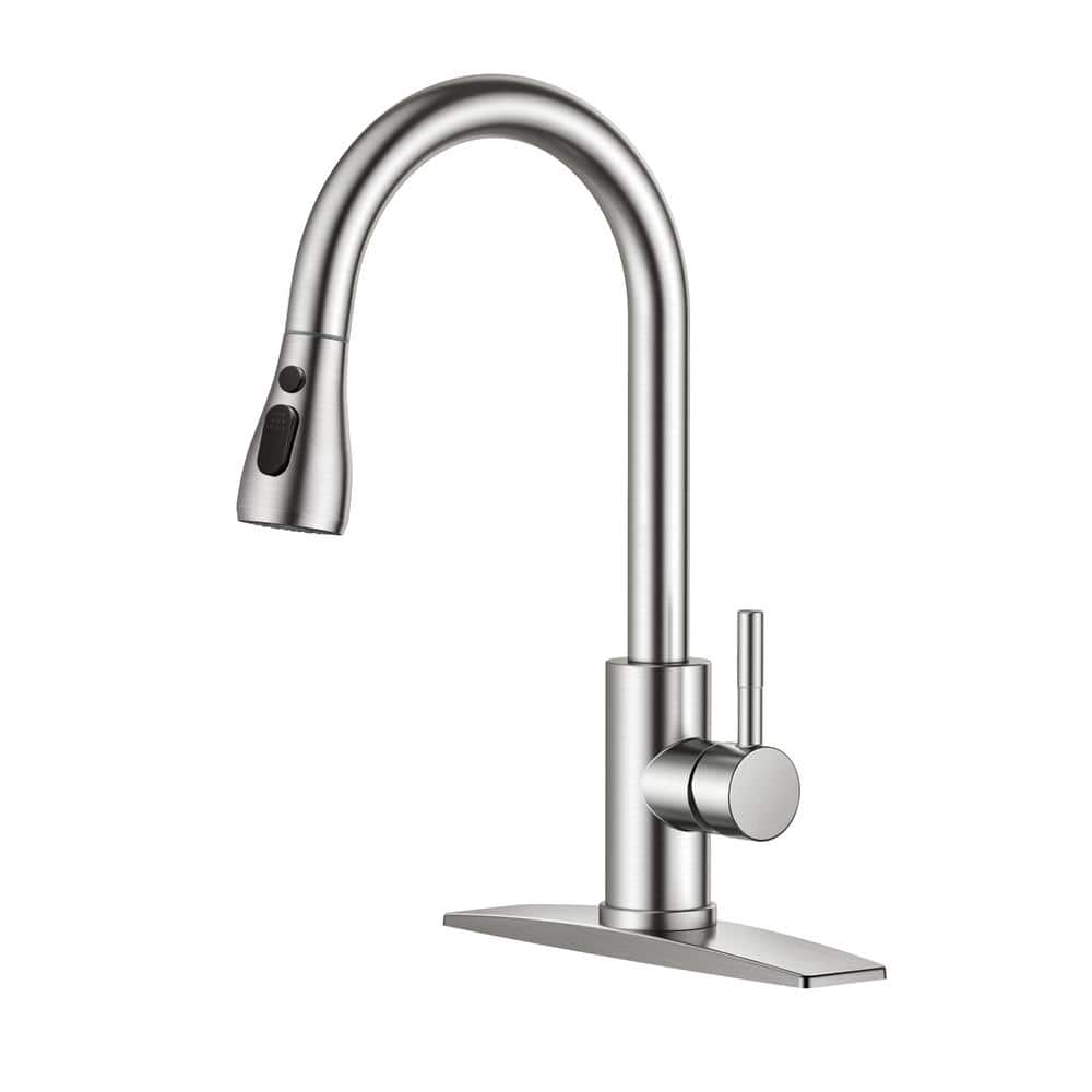 Single-Handle Pull Down Sprayer Kitchen Faucet with Deck Plate in Brushed N