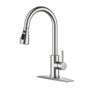 Single-Handle Pull Down Sprayer Kitchen Faucet with Deck Plate in Brushed Nickel