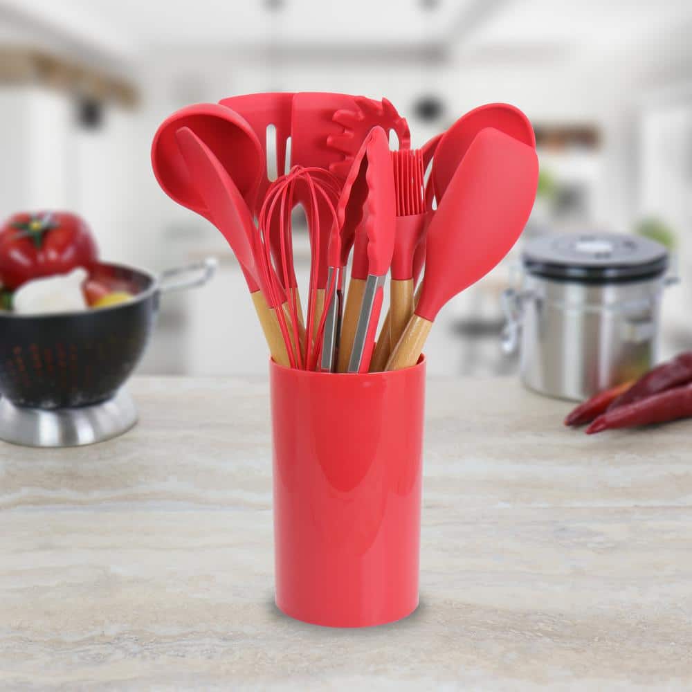 Red Silicone and Wood 12-Piece Cooking Utensil Set