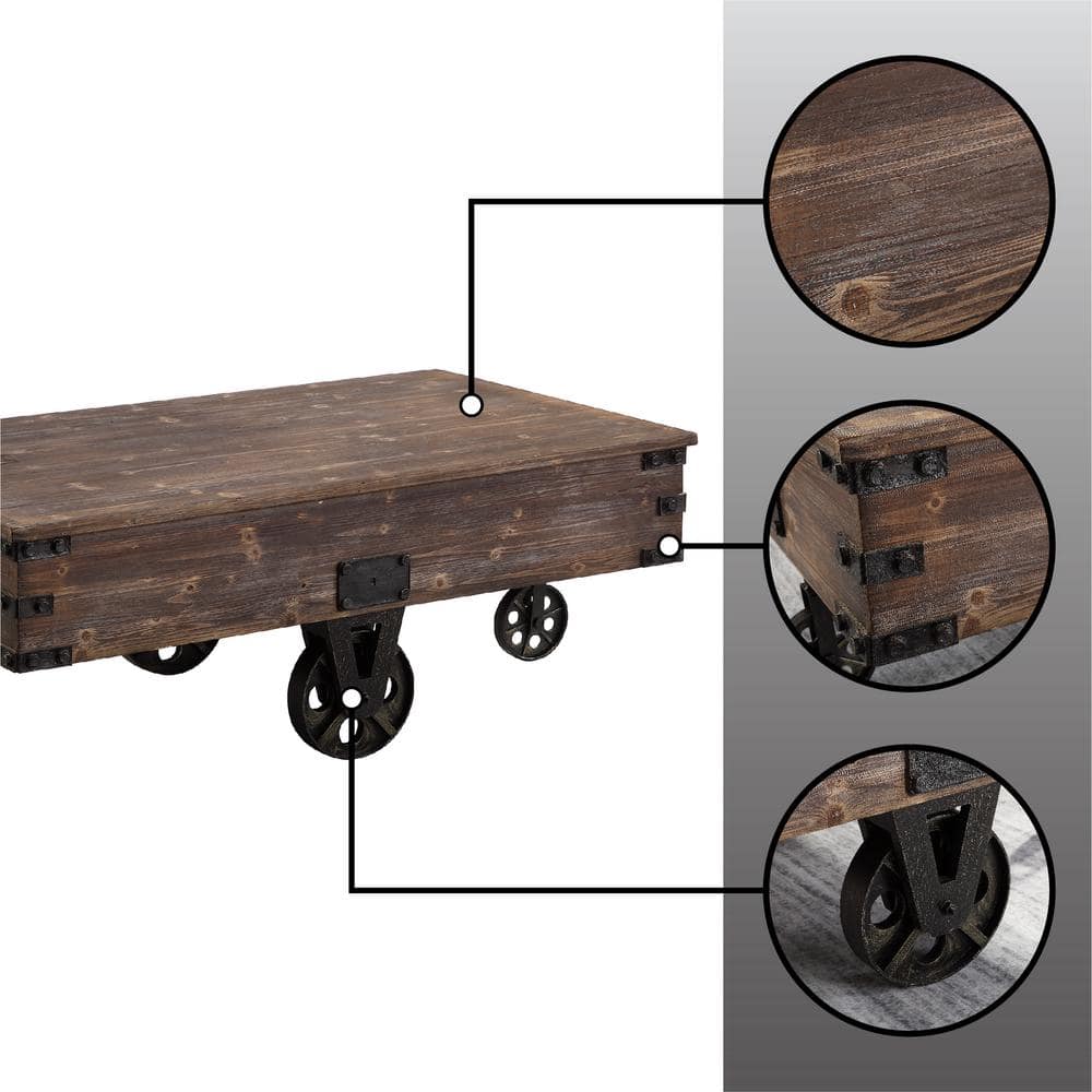 Rustic Brown Wood Factory Cart Coffee Table with Wheels