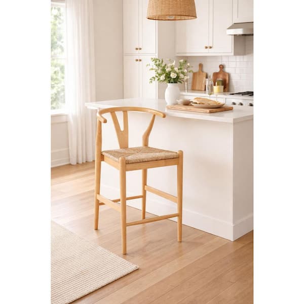 Boraam Wishbone 24in. High Back Wood Kitchen Bar Stool with Rush