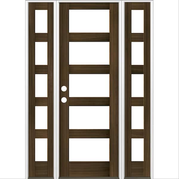 60 in. x 96 in. Modern Hemlock Right-Hand/Inswing 5-Lite Clear Glass Black Stain Wood Prehung Front Door with Sidelites