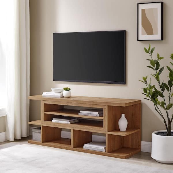 Walker Edison Furniture Company 55-78 in. English Oak Wood Modern Adjustable TV Stand for TVs Up to 82 in.