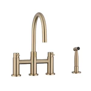 Double Handles Deck Mount Bridge Kitchen Faucet with Side Sprayer 360 Swivel Spout in Brushed Gold