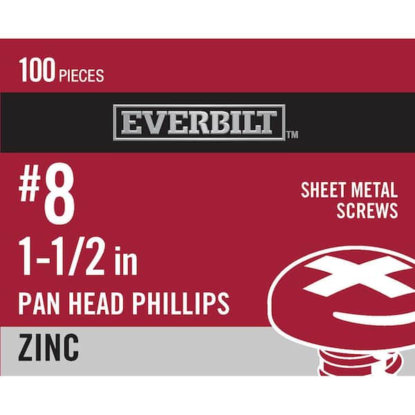 Everbilt #8 x 1-1/2 in. Phillips Pan Head Zinc Plated Sheet Metal Screw (100-Pack)