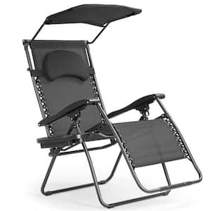 Folding Recliner Lounge Chair with Shade Canopy Cup Holder in Black