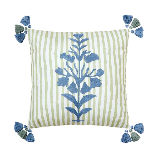 Peking Handicraft, Inc. Hamilton Green/White Stripe Embroidered Down Alternative 18 in. x 18 in. Throw Pillow