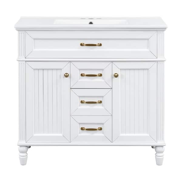 36 in. Freestanding White Bath Vanity with White Ceramic Top Soft and Close Doors, 2 Storage Drawers