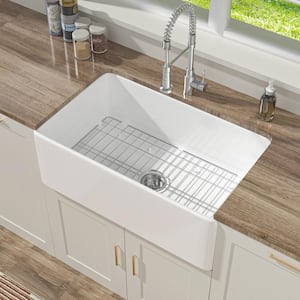 Farmhouse Kitchen Sink 30 in. Apron Front Single Bowl White Fireclay Kitchen Sink with Bottom Grids and Drain Barn Sink