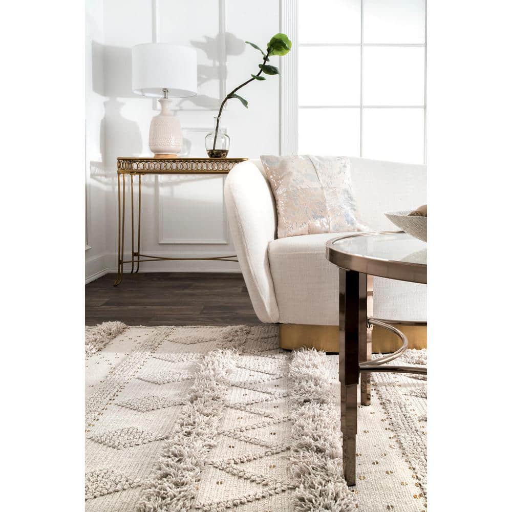 Ivory Hand-Tufted Wool Square Area Rug with Fringe