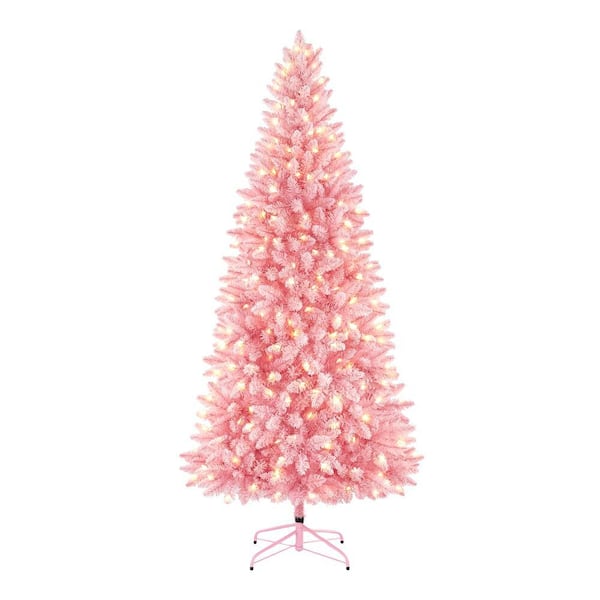 Home Accents Holiday 7 ft. Pre-Lit LED Flocked Pink Artificial Christmas Tree with 300-Light Mini Warm White Lights