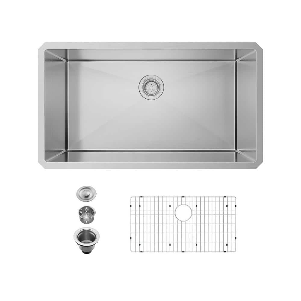 32 in. Undermount Single Bowl 18-Gauge Stainless Steel Kitchen Sink with Bo