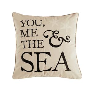 Cerralvo Beige, Black, and White "YOU, ME, & THE SEA" and Starfish Embroidered 18 in. x 18 in. Throw Pillow