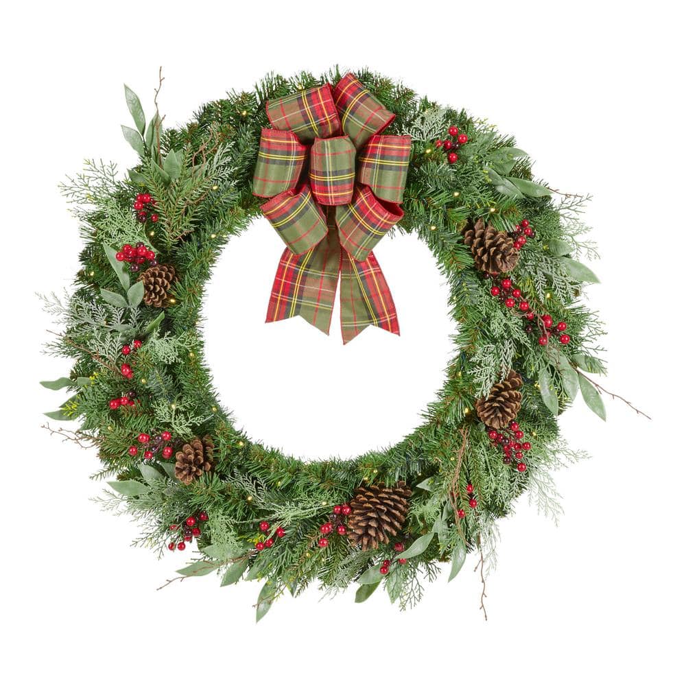 Home Accents Holiday 36 in Prelit Woodmore Wreath With Plaid Bow