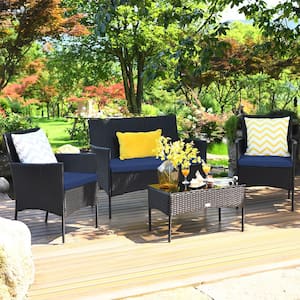 4PCS Wicker Patio Conversation Set Coffee Table w/Off White Cushions & Navy Cover