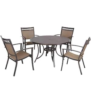 Syrah Dark Gold 5-Piece Cast Aluminum Patio Round Table 28 in. H Outdoor Dining Set with Umbrella Hole