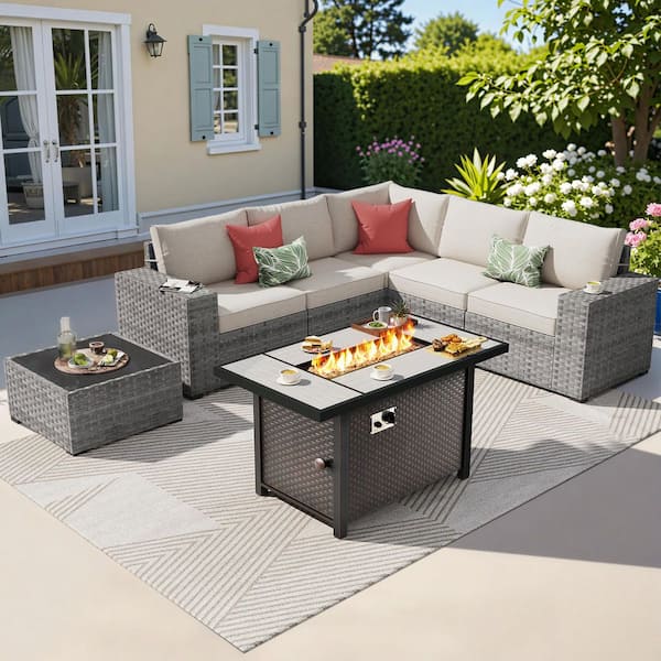 OVIOS Bissty Gray 7-Piece Wicker Wide Arm Patio Fire Pit Conversation Set with Beige Cushions