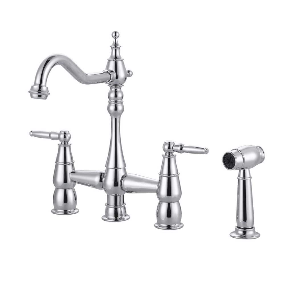 Double Handle Brass Vintage Bridge Kitchen Sink Faucet with Side Sprayer and Supply Lines in Polished Chrome