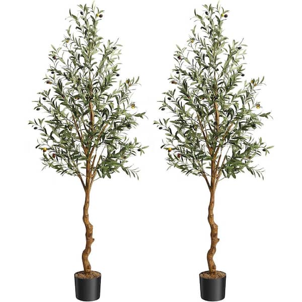 Tall Faux Olive Tree 6 ft.(72 in.), Artificial Olive Tree w/ Silk Leaves for Home Decor, Fake Olive Tree in Basket 2Pack