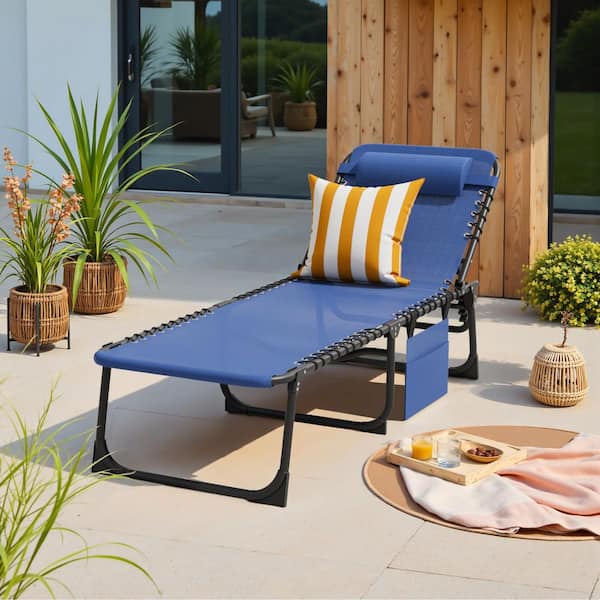 Tozey Black Metal Folding Outdoor Chaise Lounge, 5-Position Reclining Portable Patio Chair, Blue